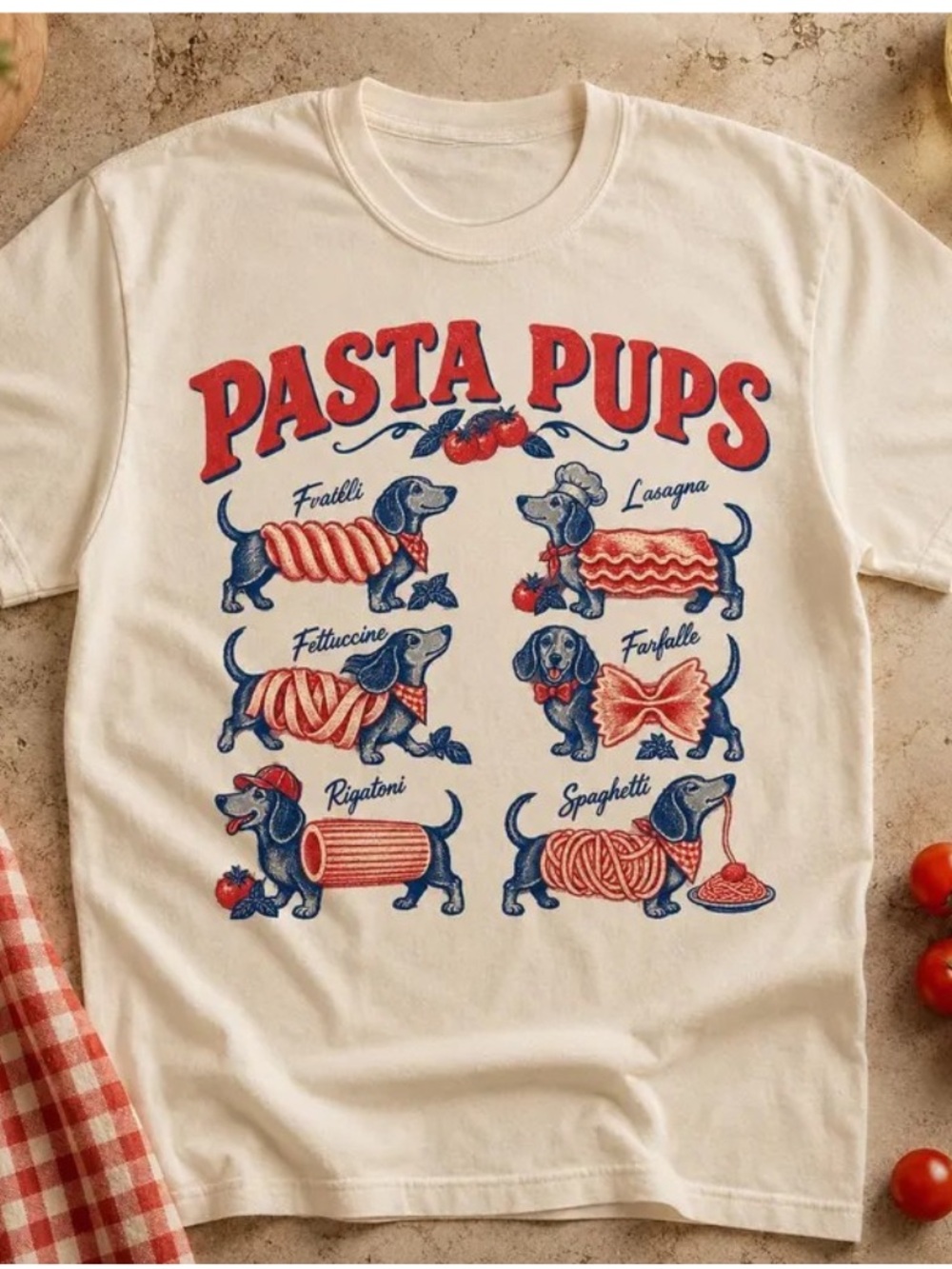 Gildan Cream 'Pasta Pups' Graphic Tee in Red & Blue